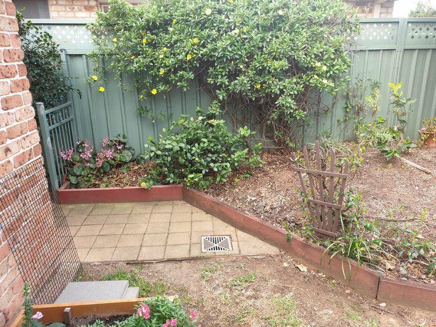 A Garden With a Green Fence and a Brick Wall — Greener Gardens Gardening Service In Thrumster, NSW
