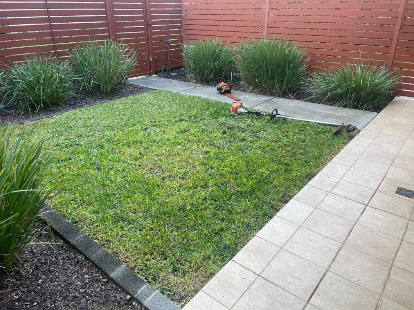 A lawn mower is sitting in the middle of a lush green lawn. — Greener Gardens Gardening Service In Lake Cathie, NSW