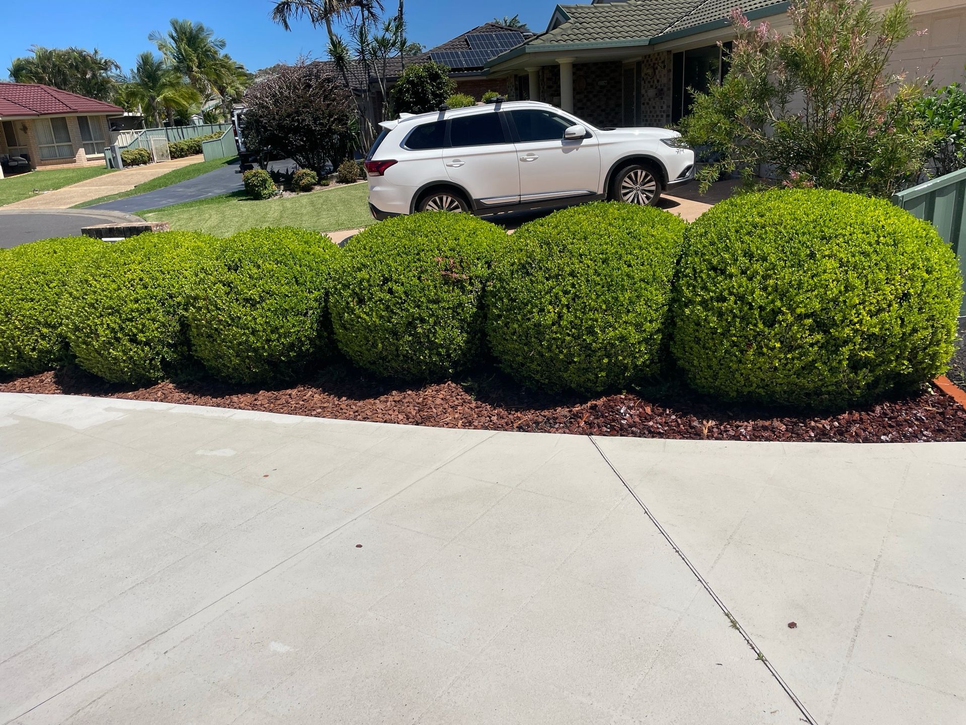 A white SUV is parked in front of a row of bushes. — Greener Gardens Gardening Service In Thrumster, NSW
