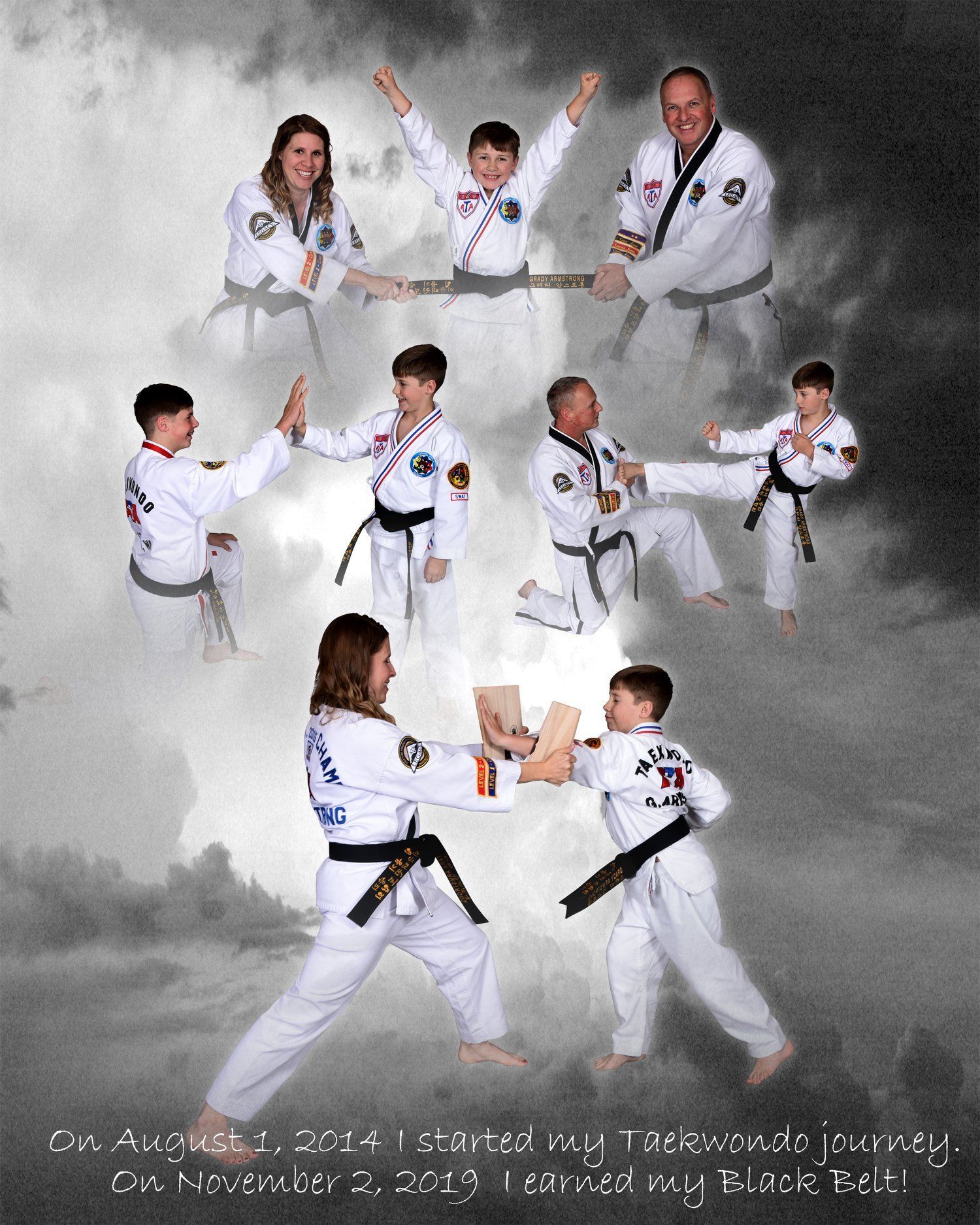 Family in martial arts uniforms, breaking boards, posing in clouds. Text: Taekwondo journey, earned black belt.