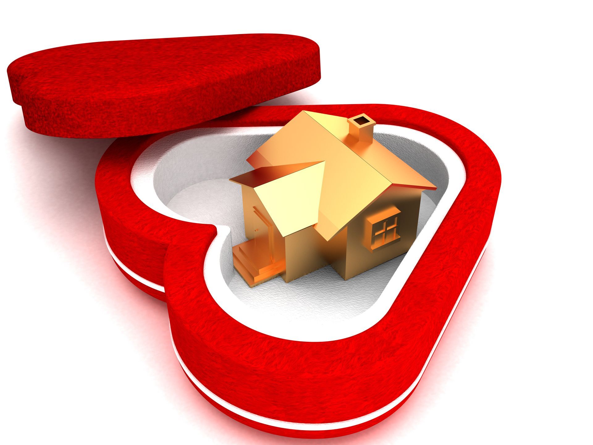 Golden house inside a red heart-shaped box with the lid slightly open.