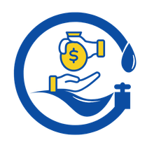 Financing icon for plumbing services. A hand gives a money bag to another one, surrounded by a circled pipe.