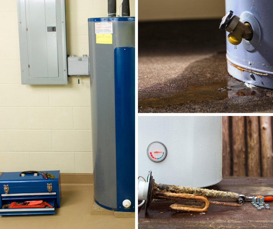 three images of water heaters needing repairs