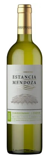 Botella de vino Estancia Mendoza, etiqueta roja y tapa roja, cristal negro.