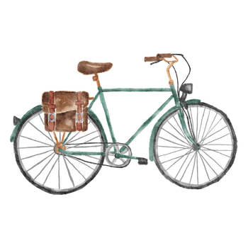 A green bicycle with a brown bag on the back