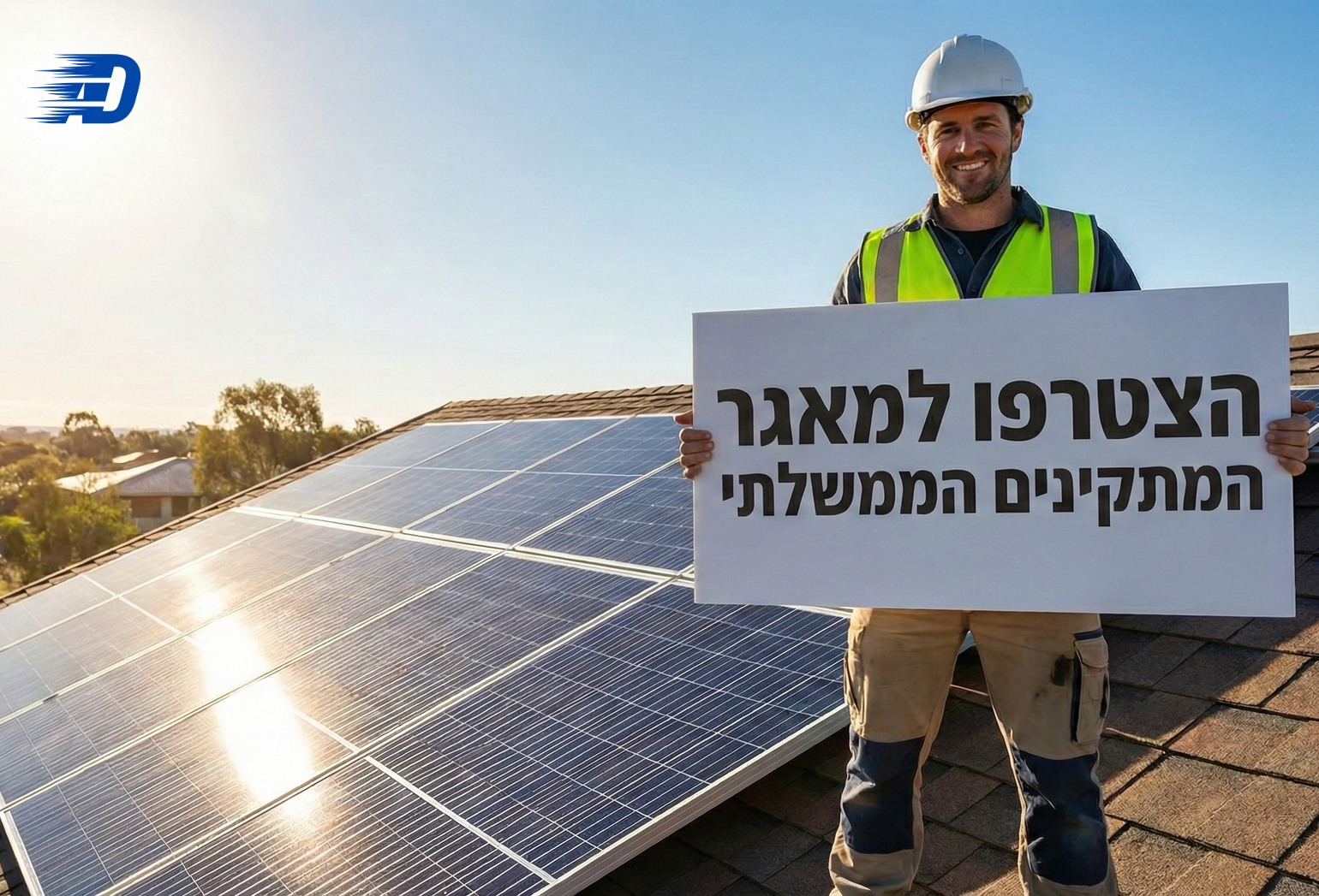 מתקין פאנלים סולאריים מחזיק שלט בעברית על גג.