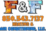 Logo for F & F Heating & Air Conditioning, LLC: "F & F" letters with fire and ice images, phone number 850.543.7137, text "HEATING & AIR CONDITIONING, LLC."