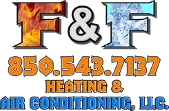 Logo for F & F Heating & Air Conditioning, LLC: "F & F" letters with fire and ice images, phone number 850.543.7137, text "HEATING & AIR CONDITIONING, LLC."