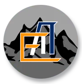 Logo with gray circle, black mountains, orange 