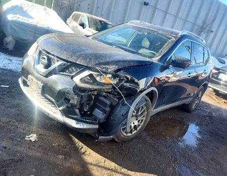 Damaged black Nissan Rogue SUV in an outdoor lot. Front-end damage, tire exposed, debris visible.