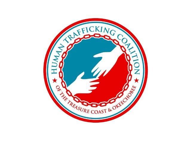 Human Trafficking Coalition logo with two hands reaching for each other within a blue and red circle, encircled by text.