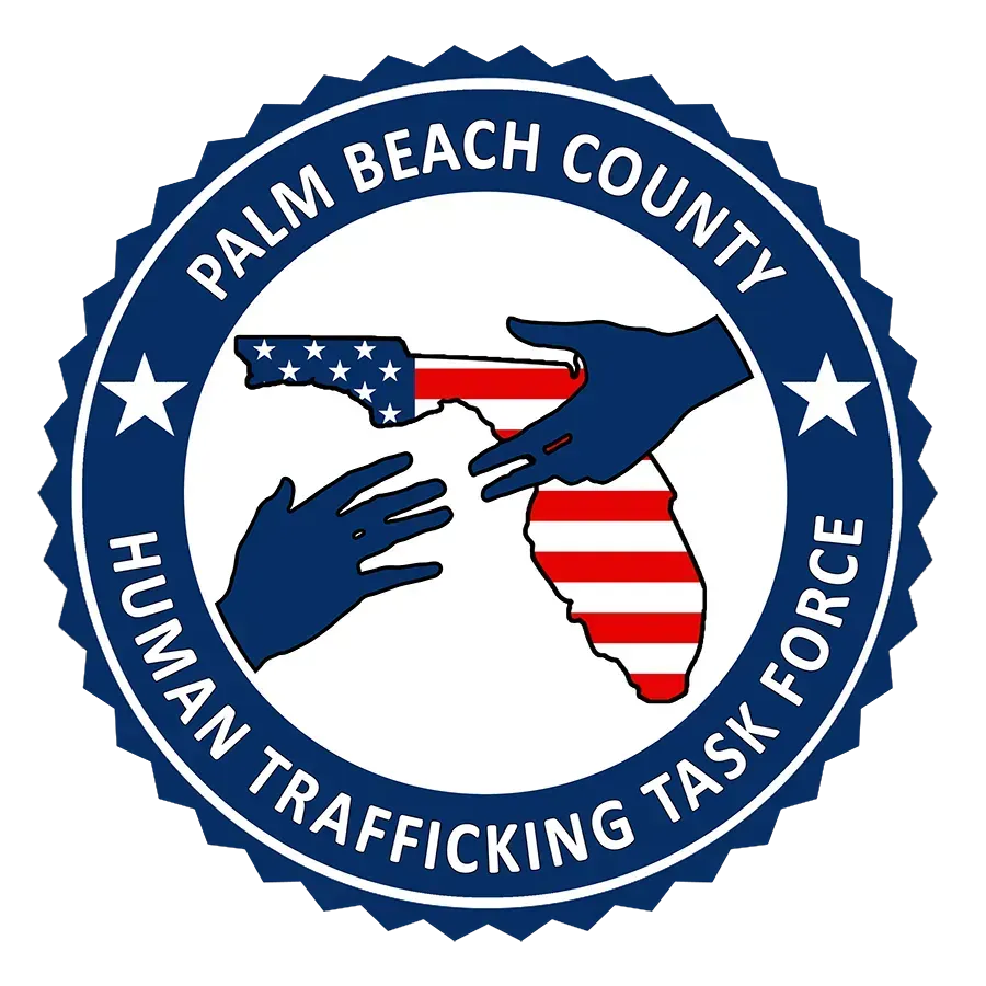 Palm Beach County Human Trafficking Task Force logo: Blue hands reaching for a red and white striped Florida map, with stars and the words