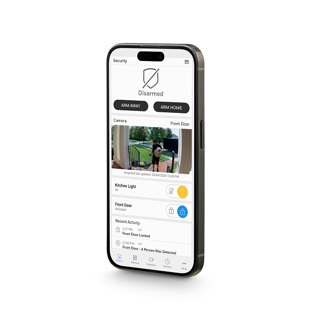 Smart remote home control system app. Living room interior in background.