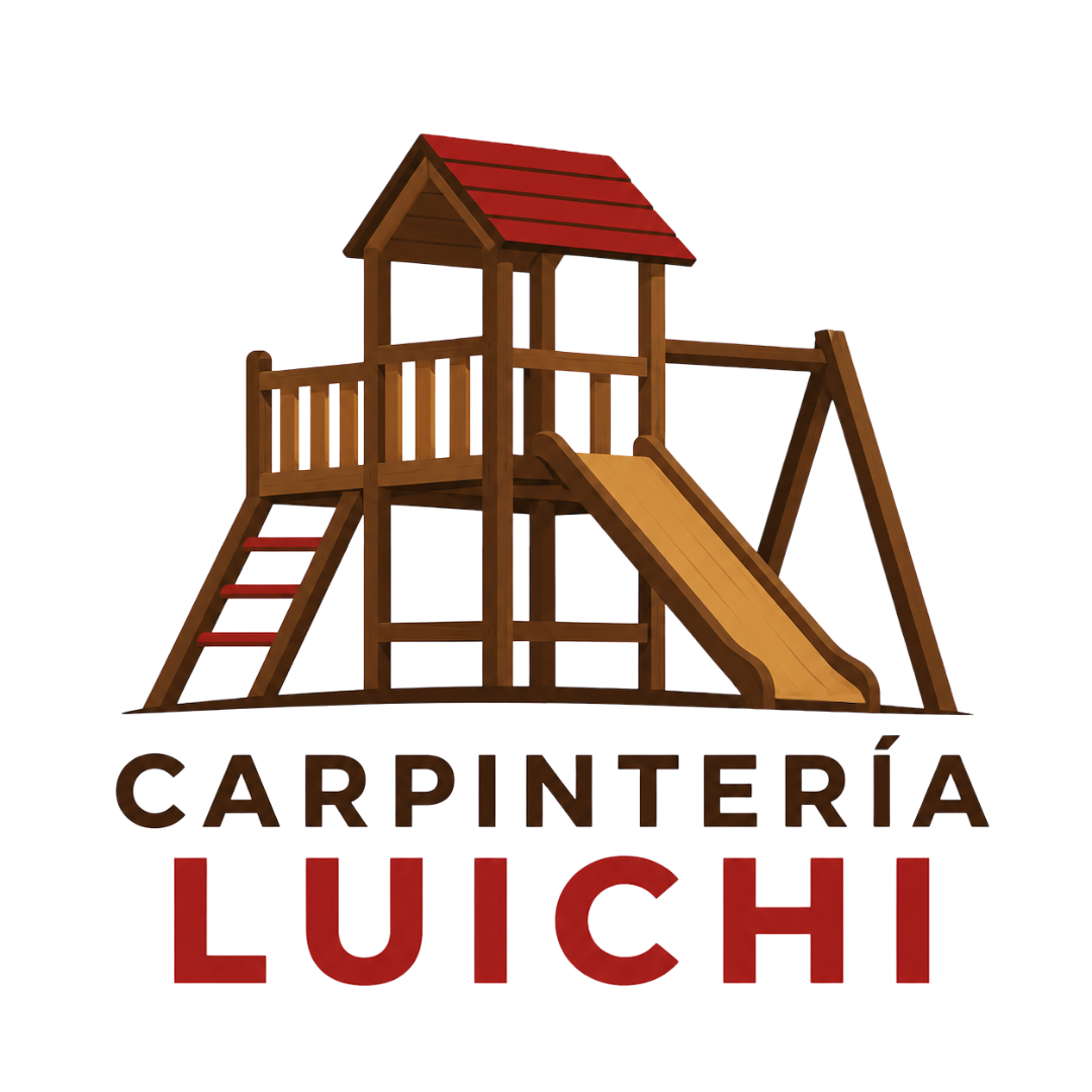 Logo de carpintería Luichi con una estructura de madera y el texto “CARPINTERÍA LUICHI” en marrón y rojo