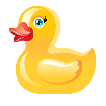 A yellow rubber duck with blue eyes and a red beak