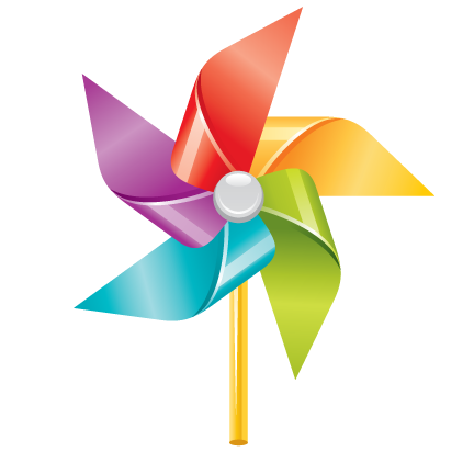 A colorful pinwheel with a yellow stick on a white background