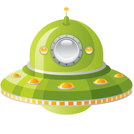 A cartoon illustration of a green ufo with orange lights