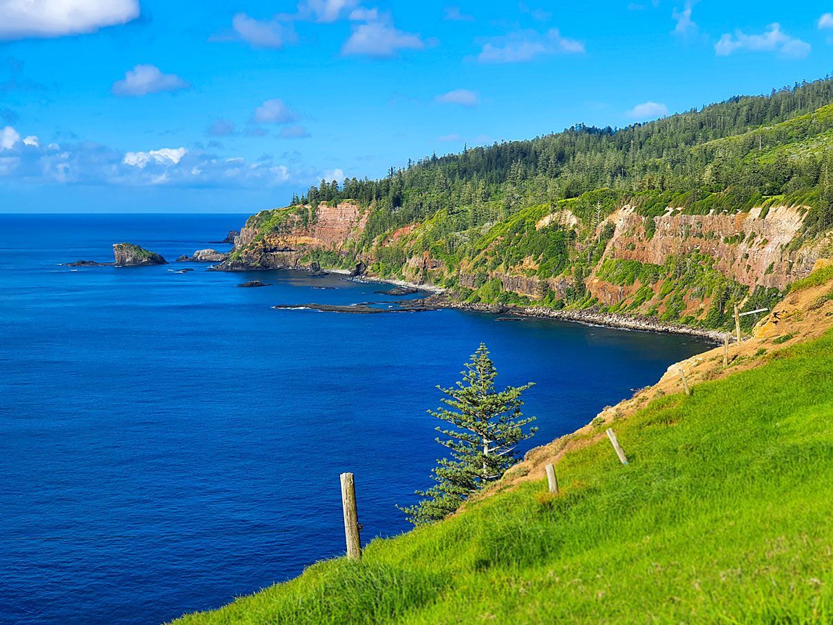 Vibrant coastal scene: blue ocean meets green hillside and rocky cliffs. Norfolk Island Trade Winds Seniors Sanctuary
