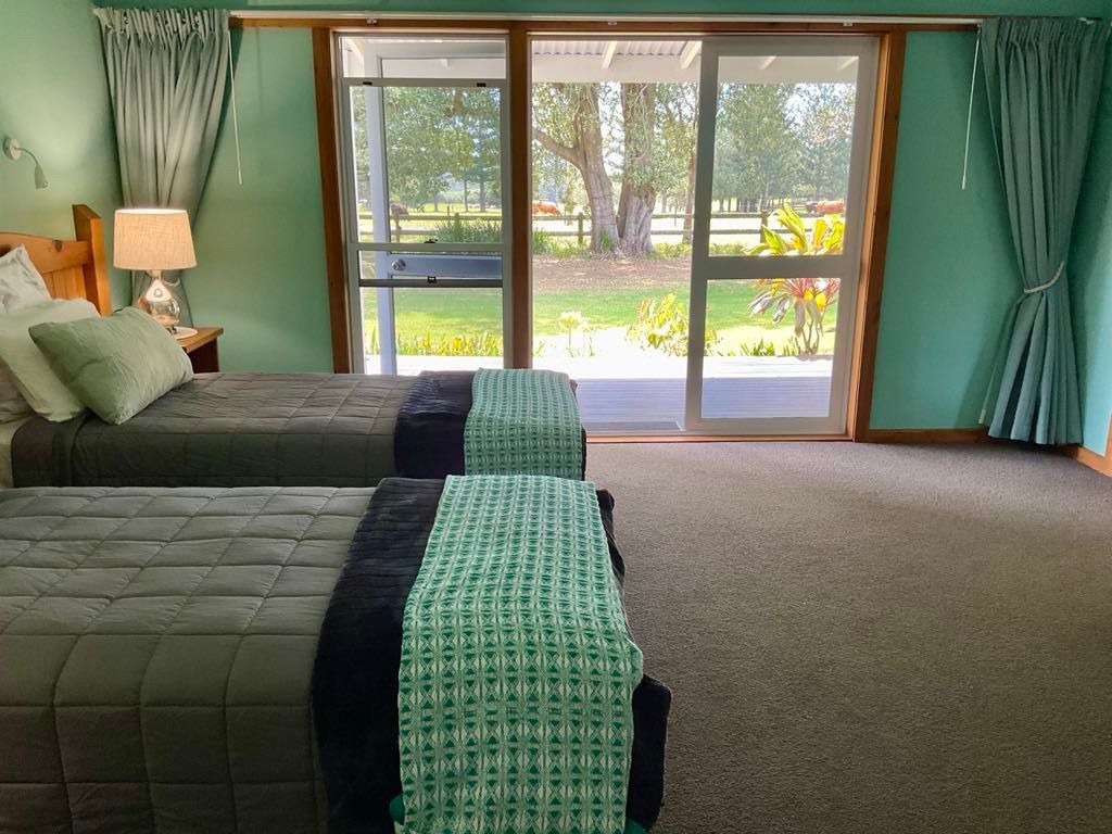 Two twin beds in a room with green walls to a yard. Norfolk Island Trade Winds Seniors Sanctuary