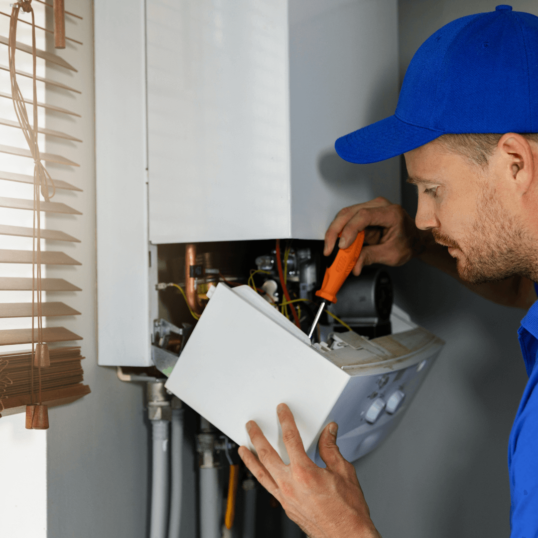 A man in a blue hat is fixing a boiler with a screwdriver.