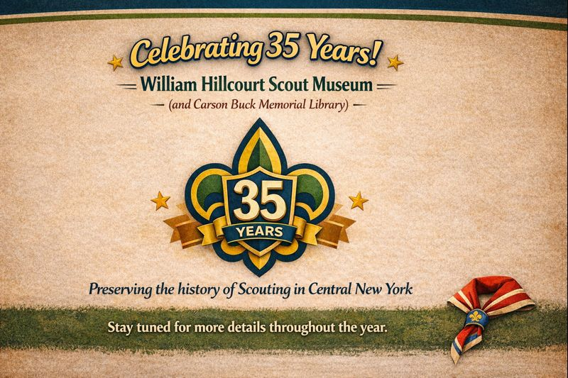 Celebrating 35 years of the William Hillcourt Scout Museum. Logo with 