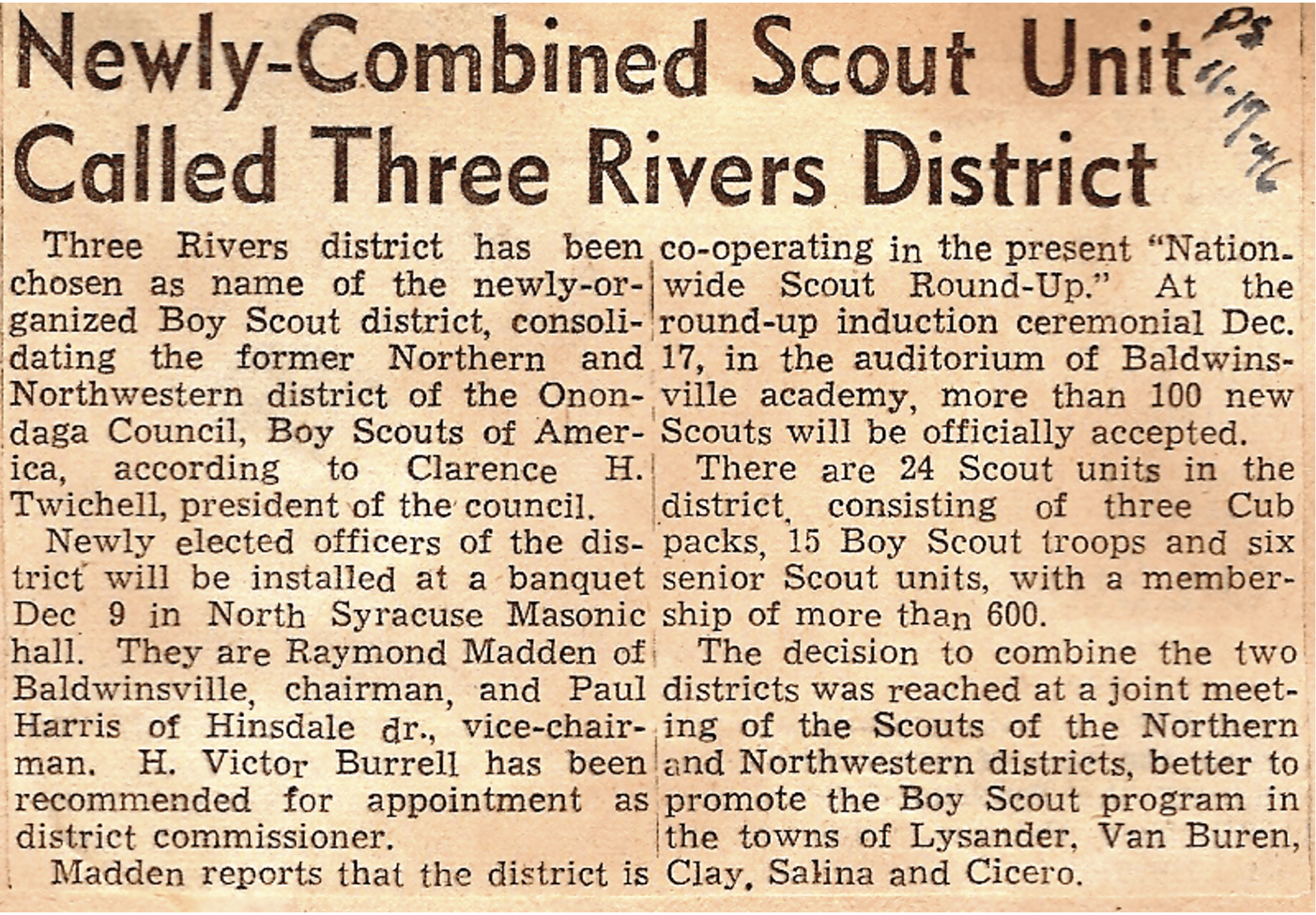Newspaper clipping titled 'Newly-Combined Scout Unit Called Three Rivers District