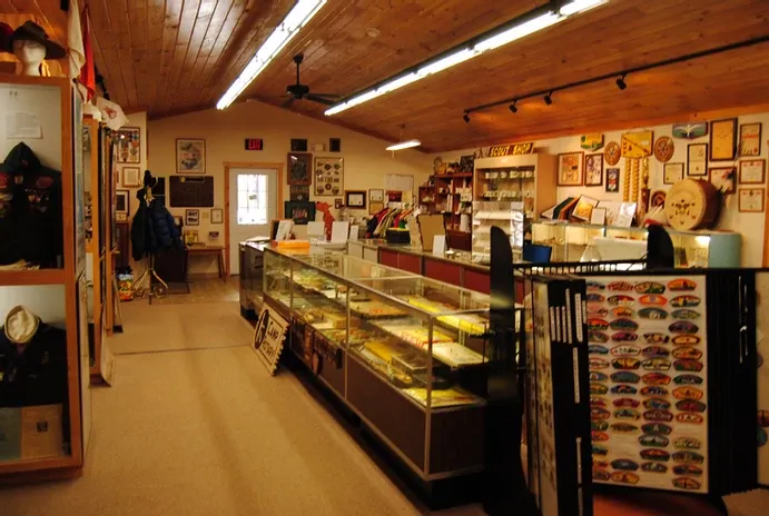 A shot of the inside of the William Hillcourt Museum and the central aisle