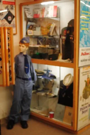A display case of scouting clothing