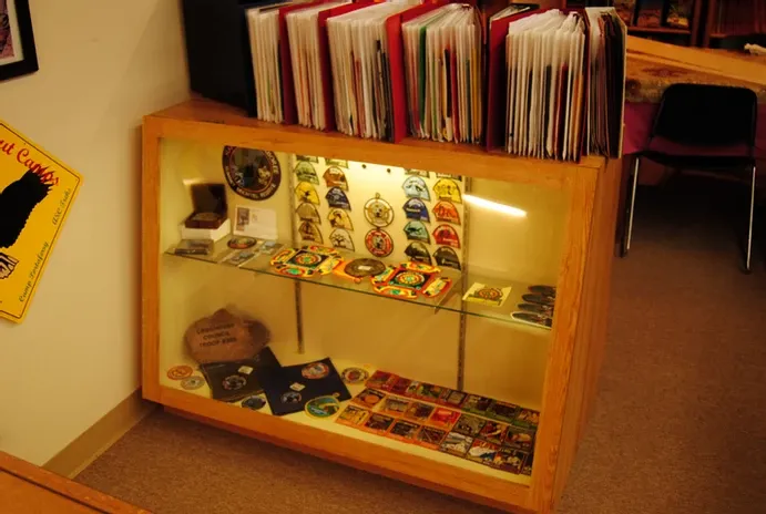 A display case of scouting badges