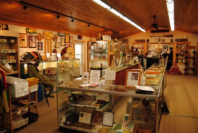 A shot showing multiple display cases inside William Hillcourt Museum