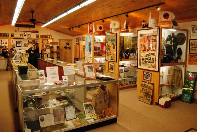 A shot of the inside of William Hillcourt Museum and the display cases