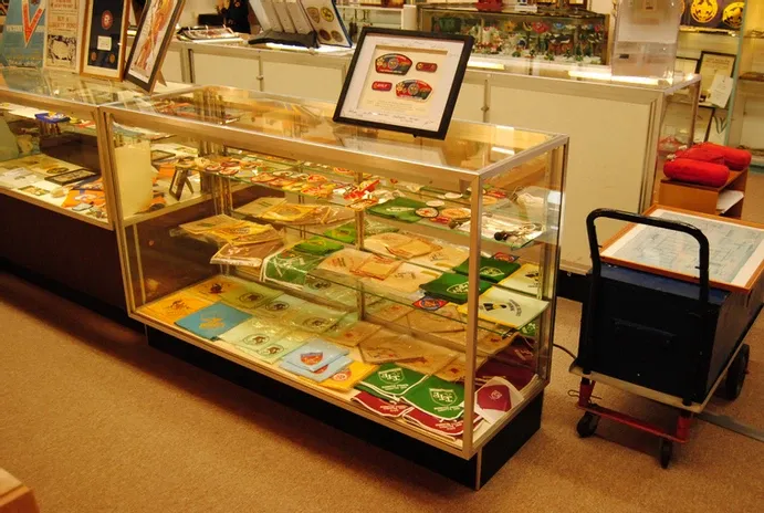 Glass display case containing a number of scouting flags