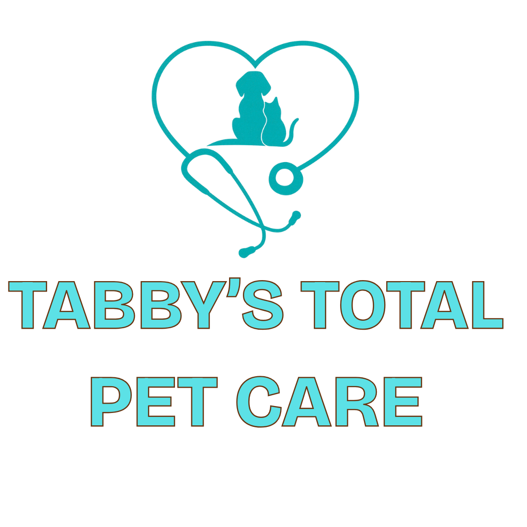 A logo for tabbys total pet care with a dog and a cat in a house.