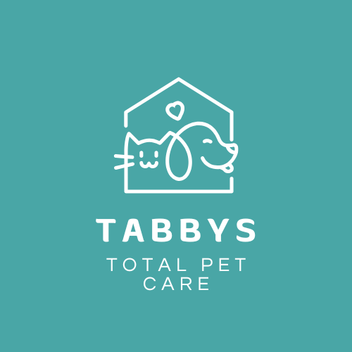 A logo for tabbys total pet care with a dog and a cat in a house.