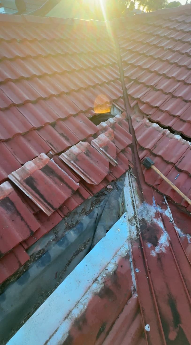 Red tile roof with a broken section revealing the gutter and sunlight.