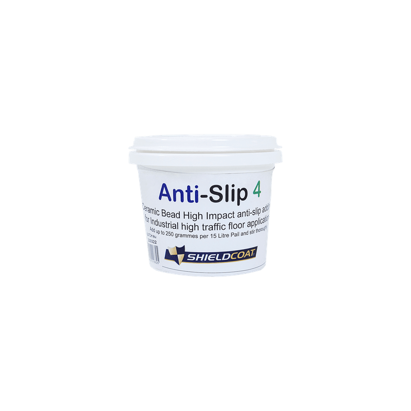 A white bucket of anti slip 4 is sitting on a white surface.