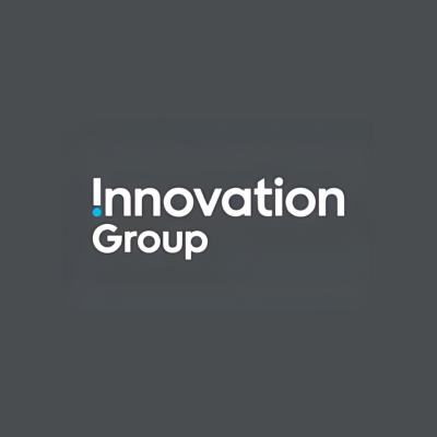 Logo for Innovation Group: White text on a gray background, with a blue dot above the letter "i".