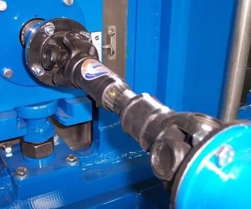 A blue universal joint connects two mechanical components.