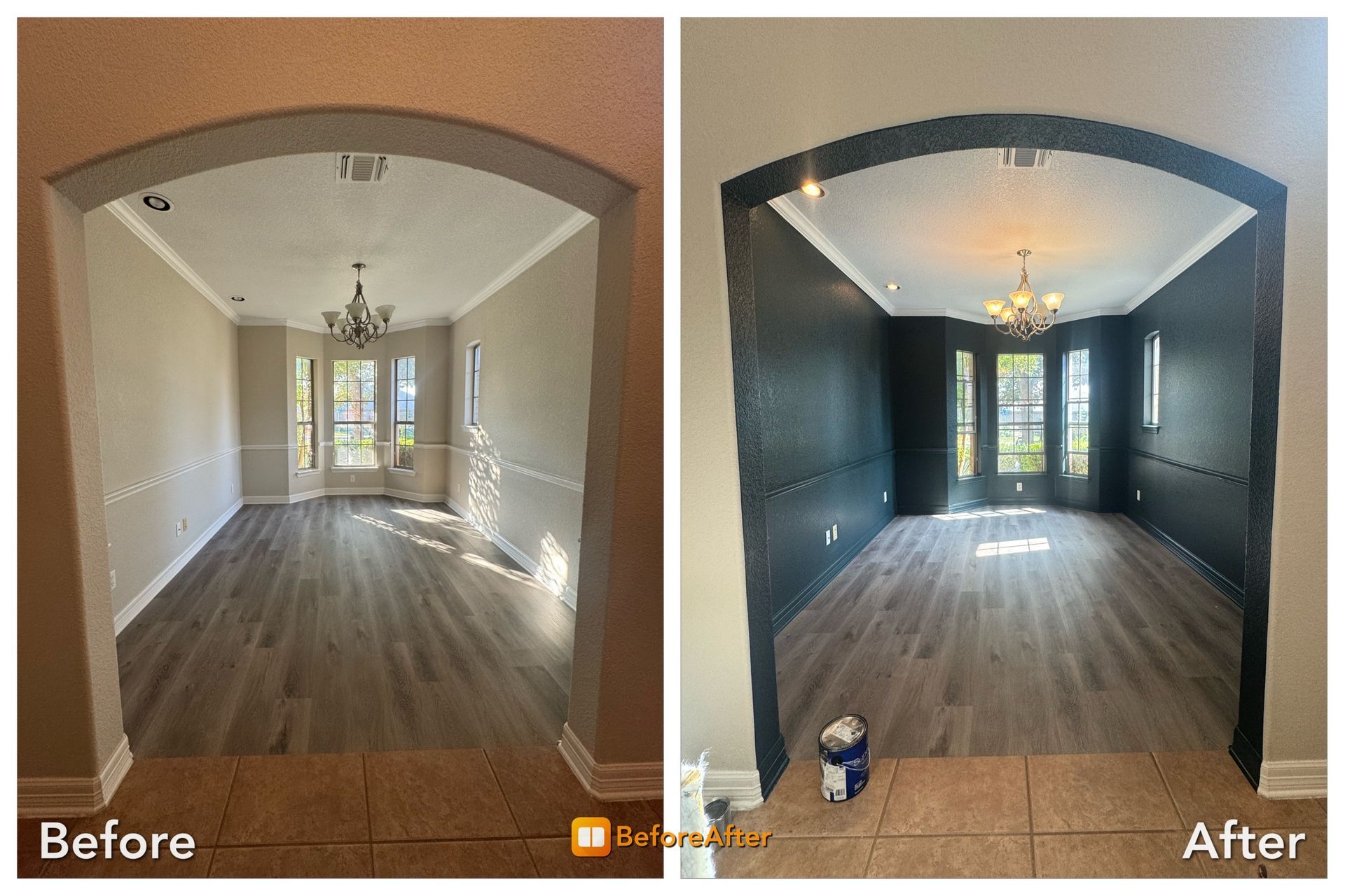 Before/after of a dining room with arched entry. The 