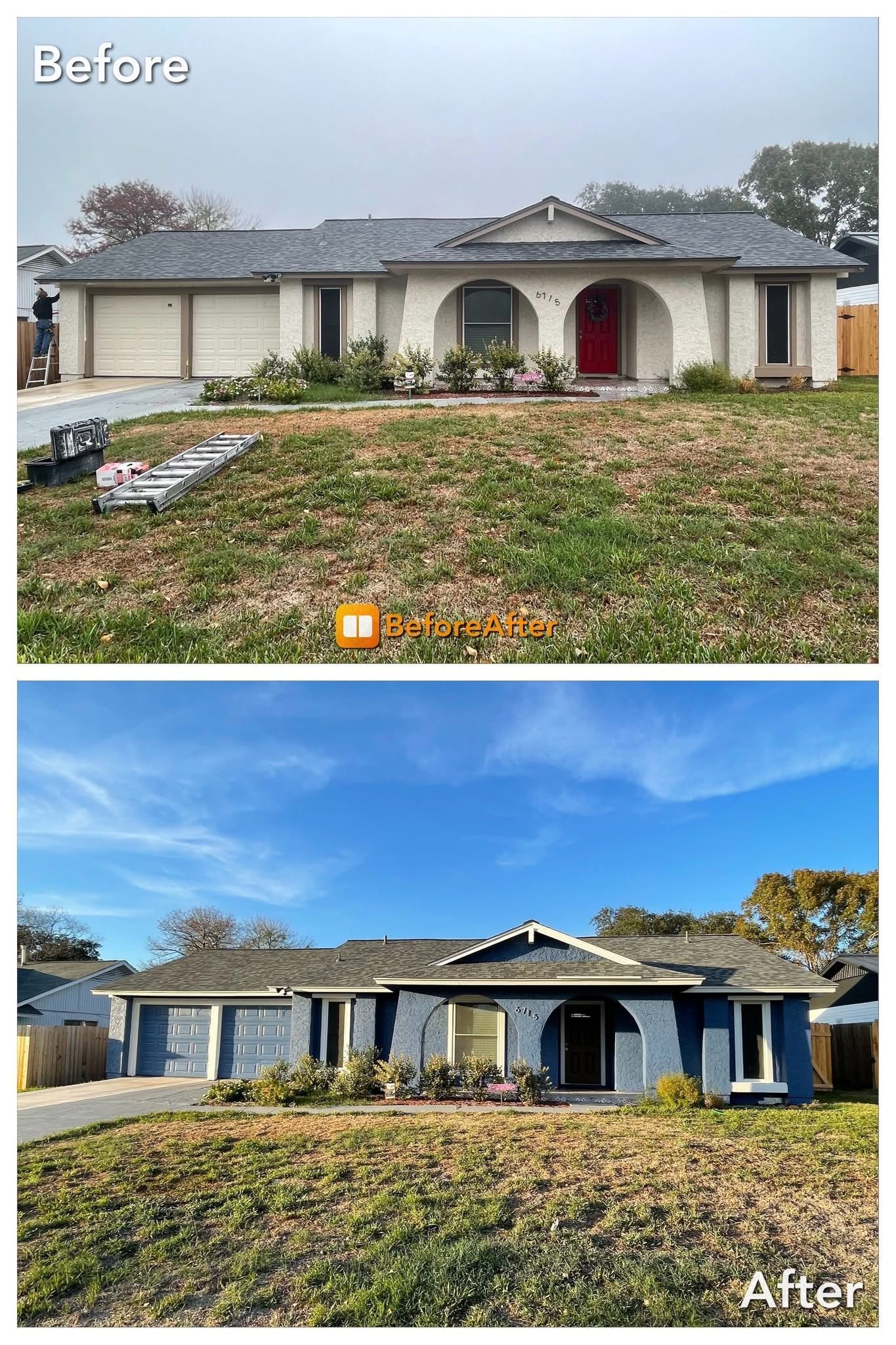 Before and after photo of a house exterior. Blue painted house with brown yard and blue sky.