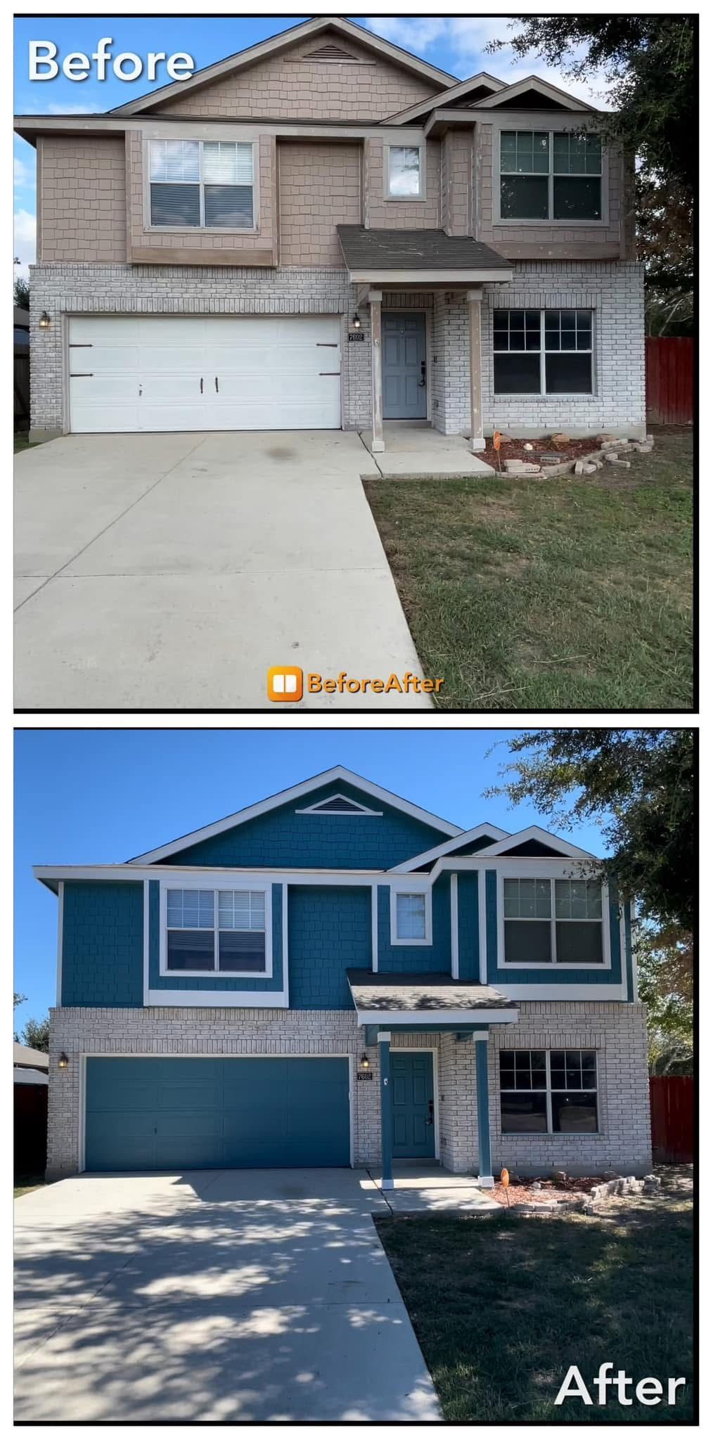 Before and after exterior home renovation: Brown to teal/white paint transformation.