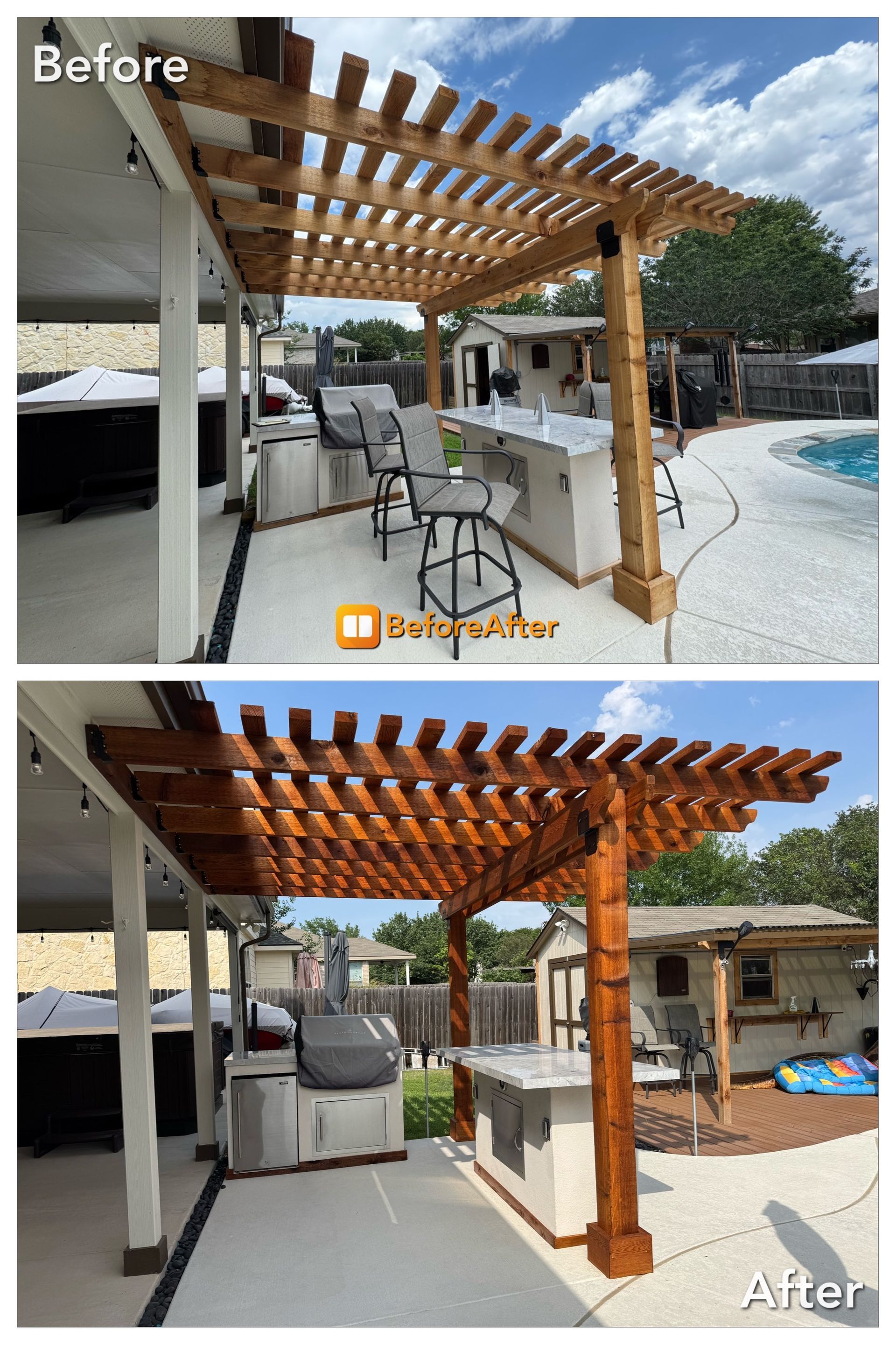 Before and after photos: wooden pergola over outdoor kitchen and hot tub.