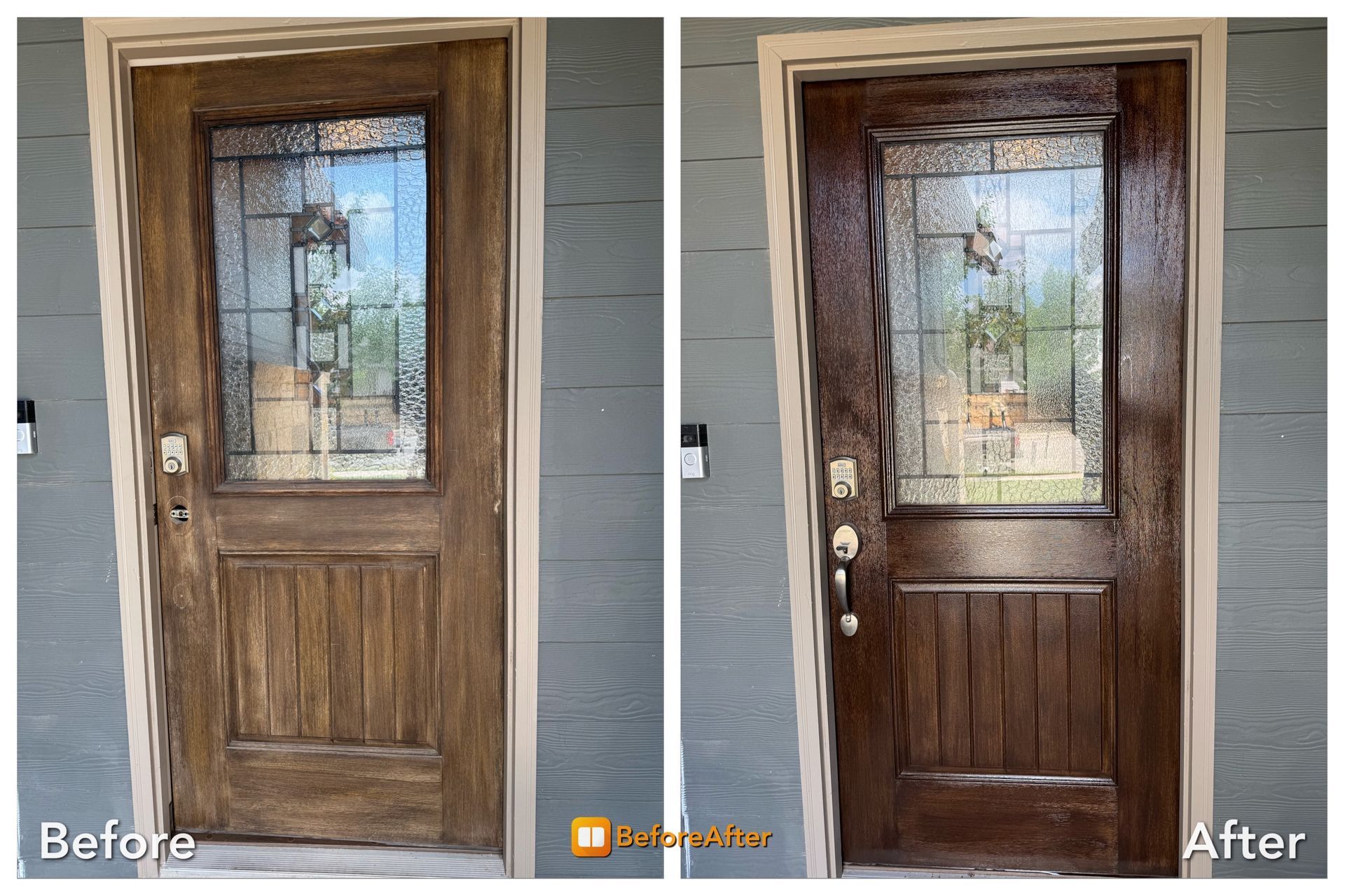 Before-and-after of a stained wooden door with glass panel, showing a darker stain applied.