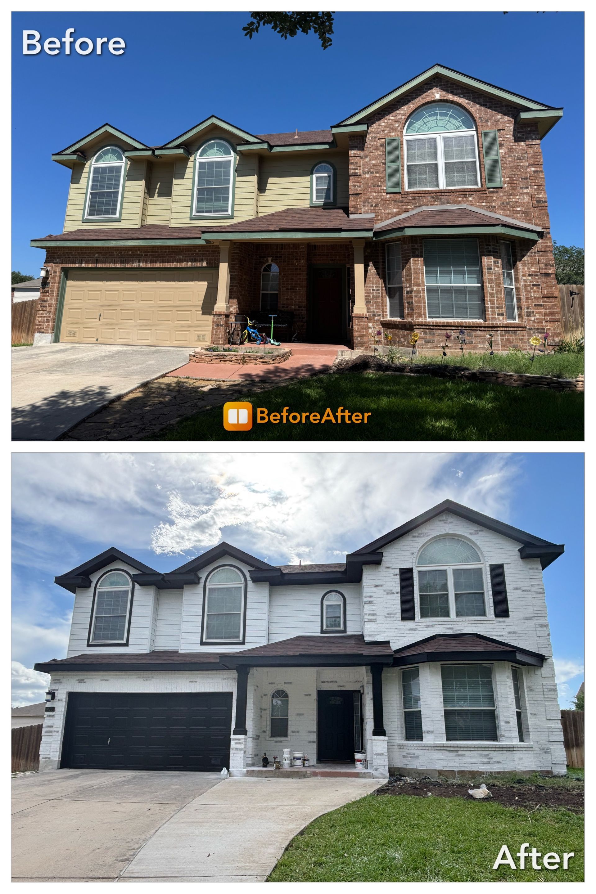 Before and after exterior home transformation. Red brick and tan home painted white with black accents.