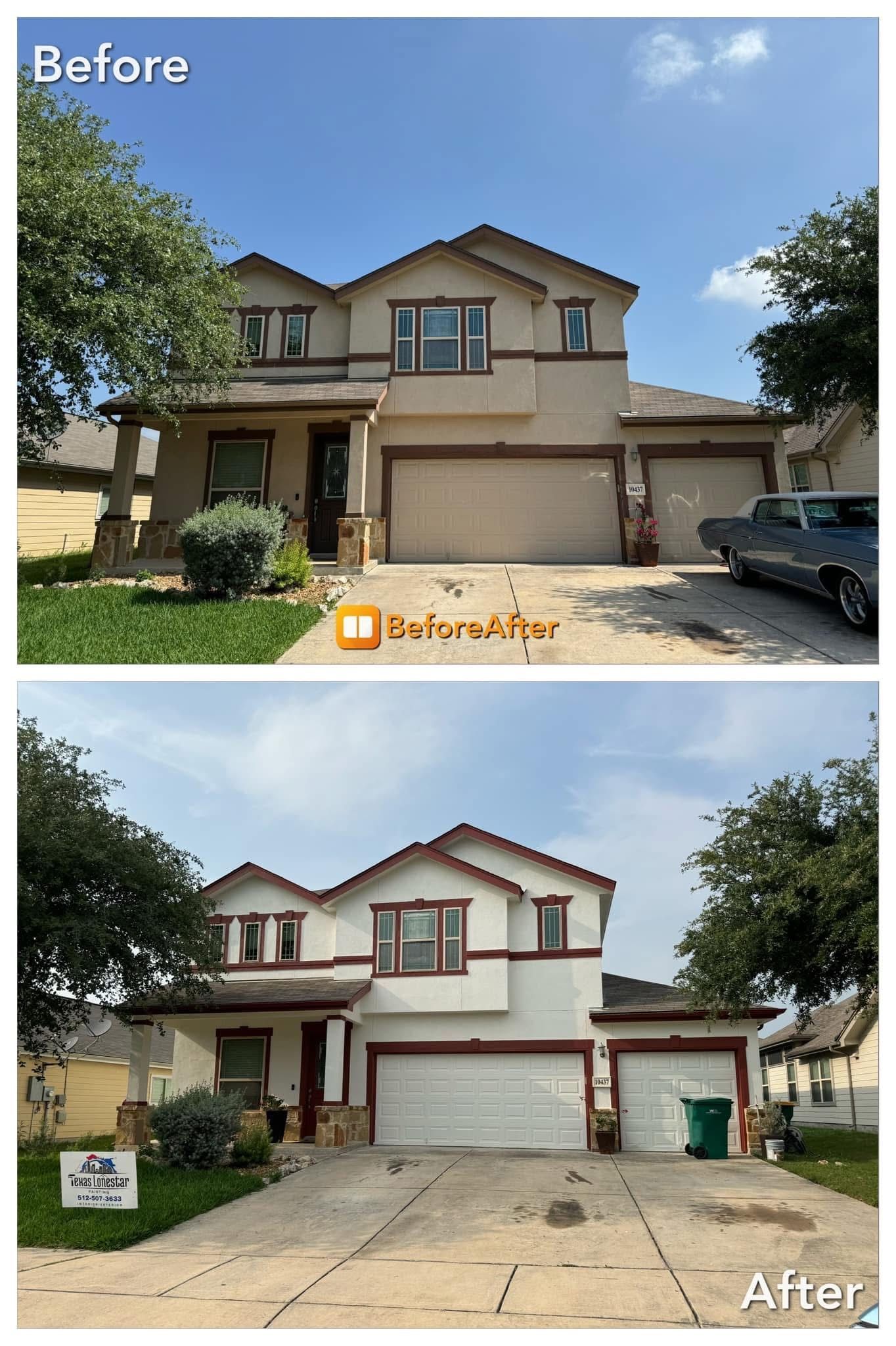Before and after comparison of a two-story house with exterior painting changes.
