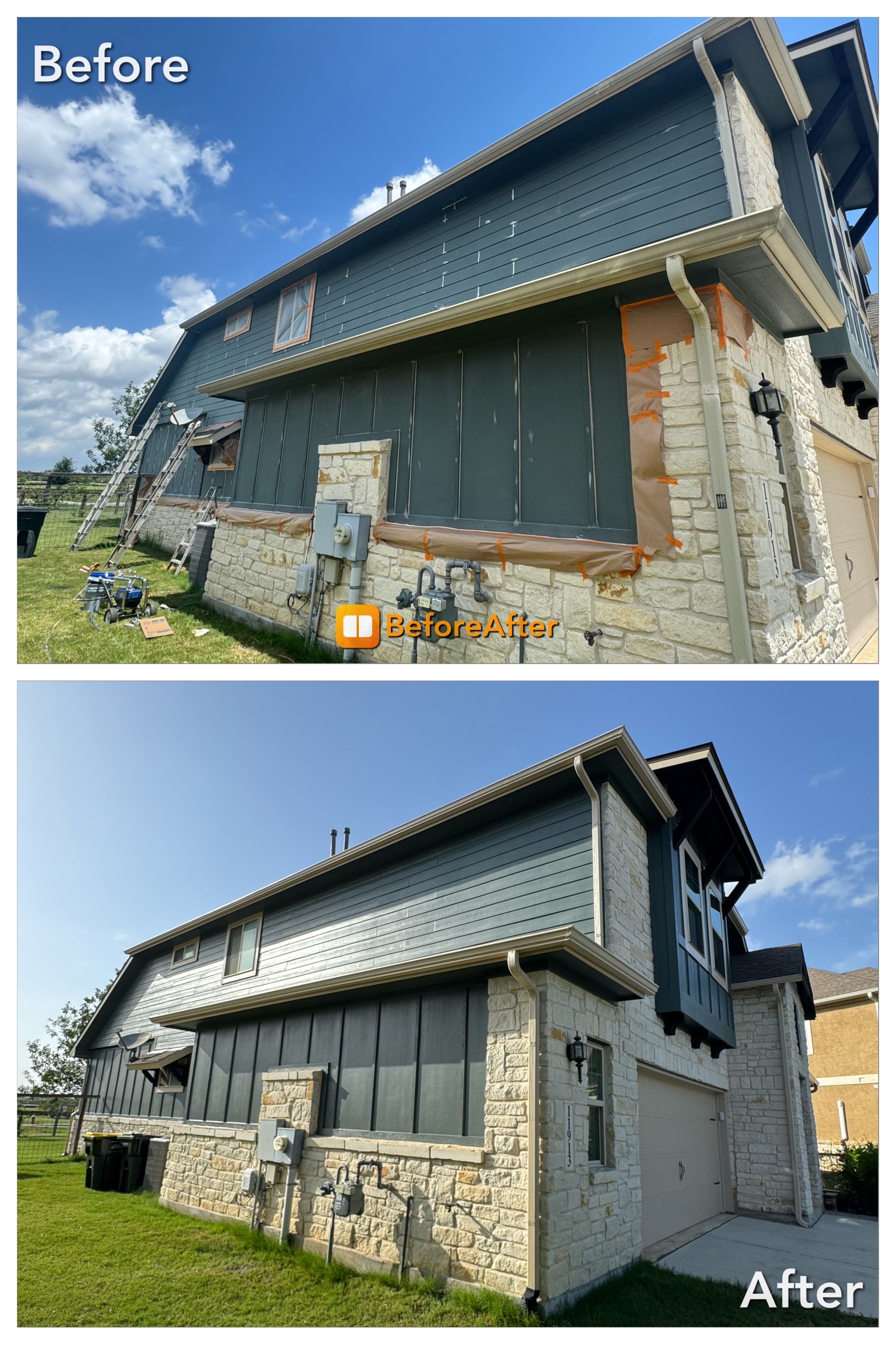Before and after of a house exterior painted gray with stone, with blue siding and a green lawn.
