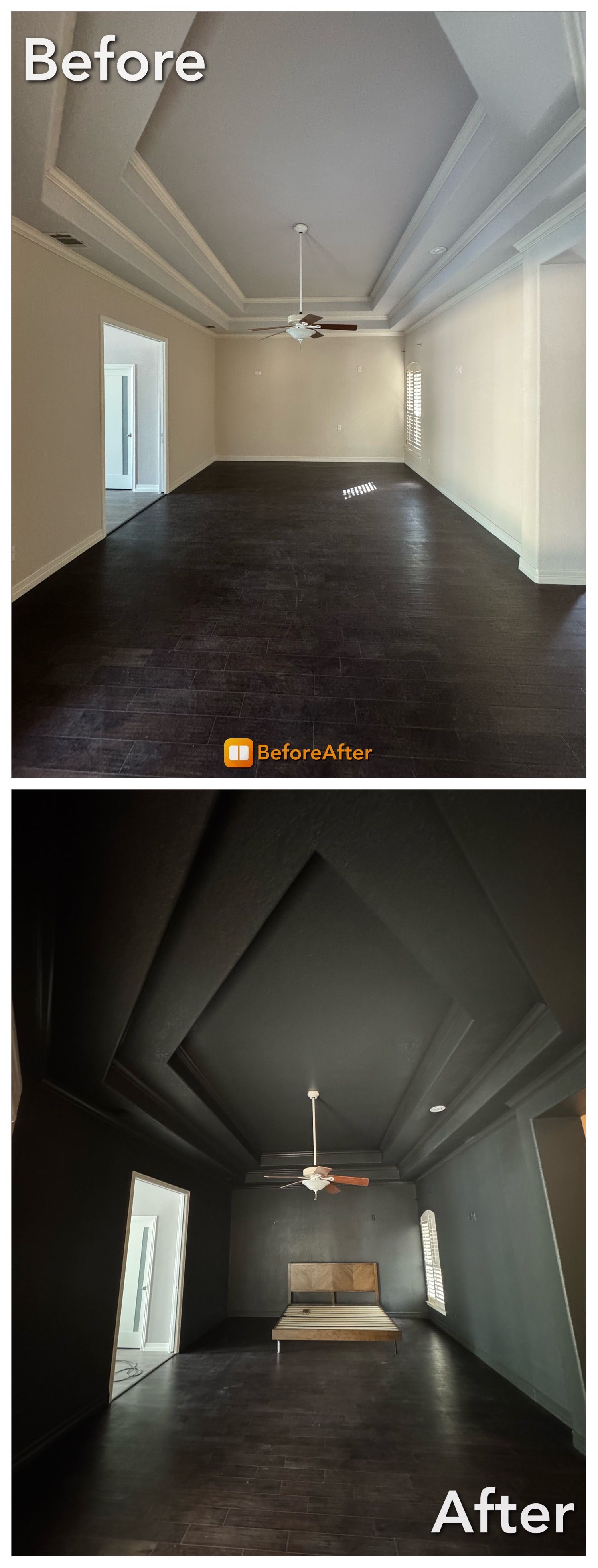 Room makeover: Before, light-colored walls and ceiling; After, dark walls and ceiling with bed.