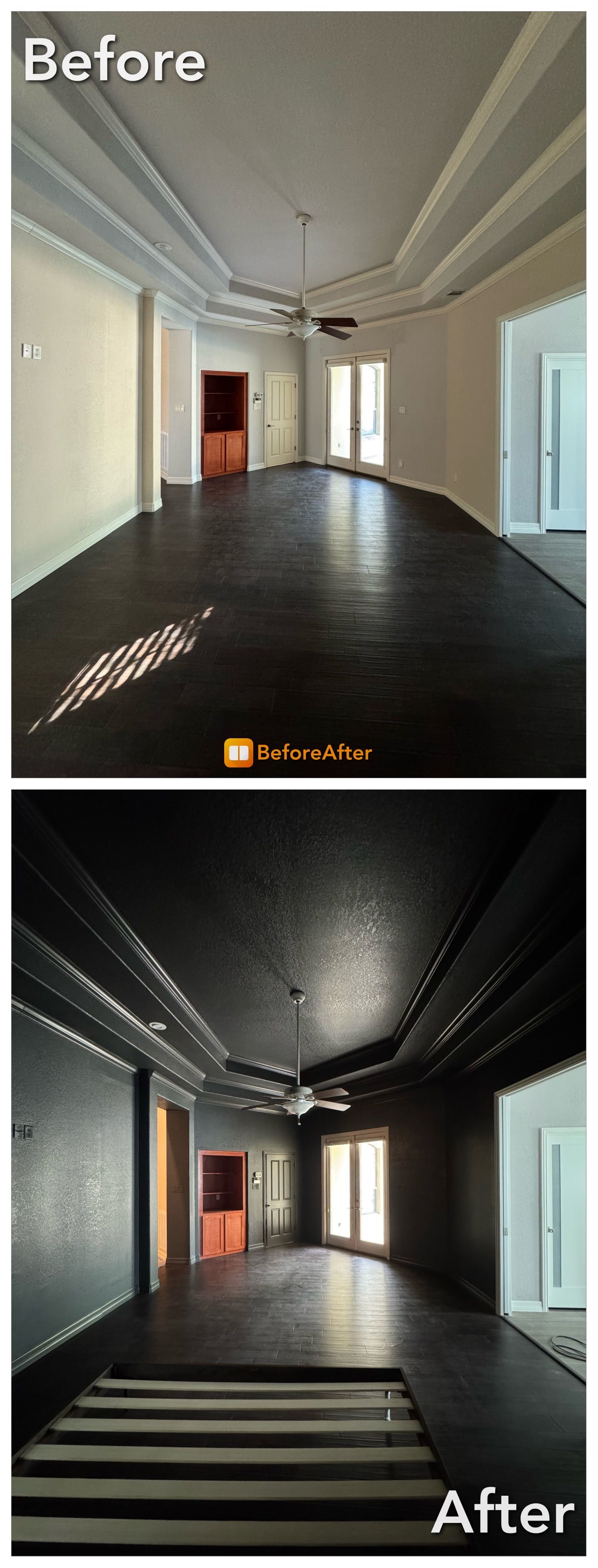 Before and after photos of a room. The 