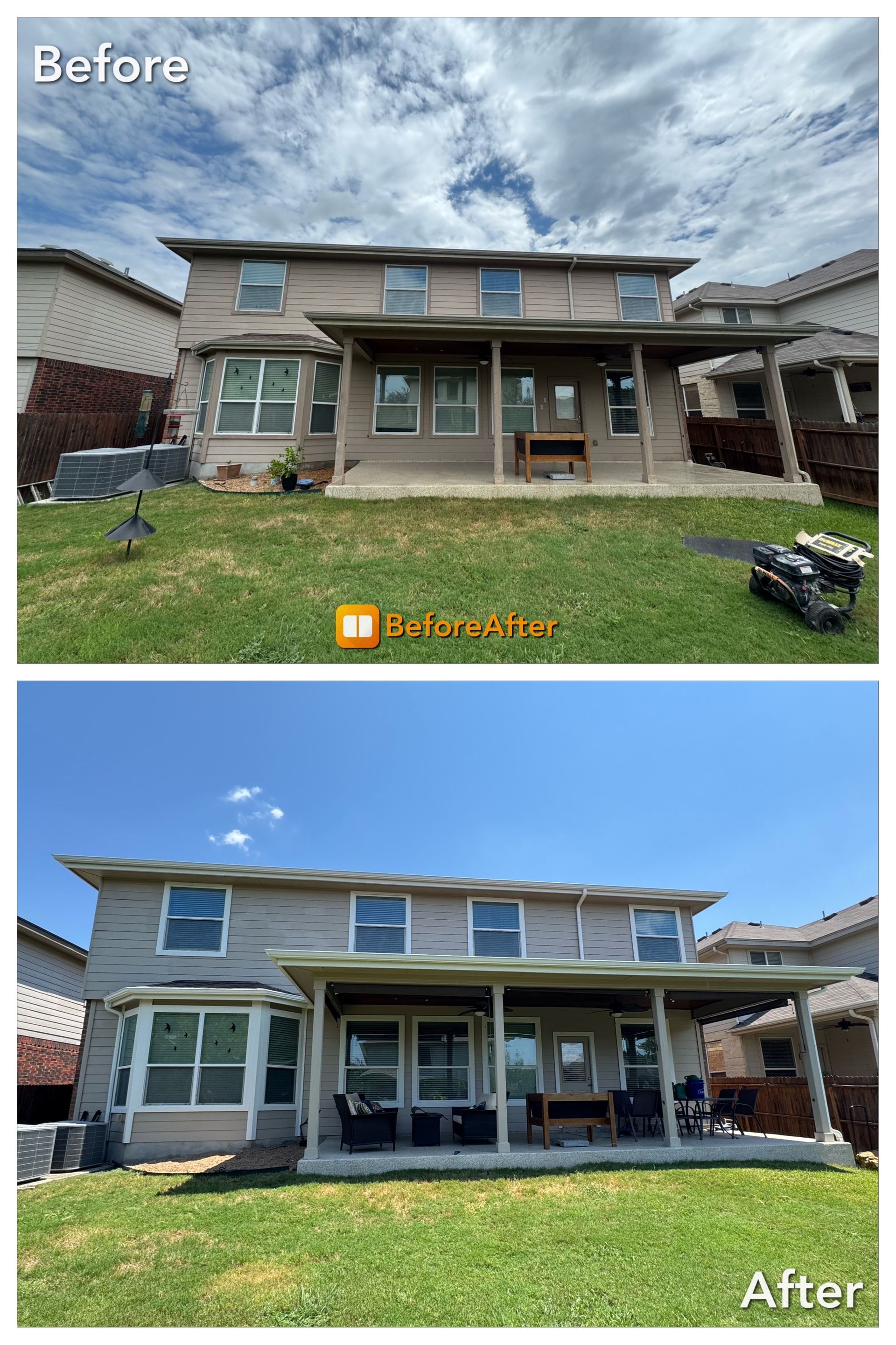 Rear exterior of a two-story house before and after a renovation, featuring a green lawn and clear blue sky.