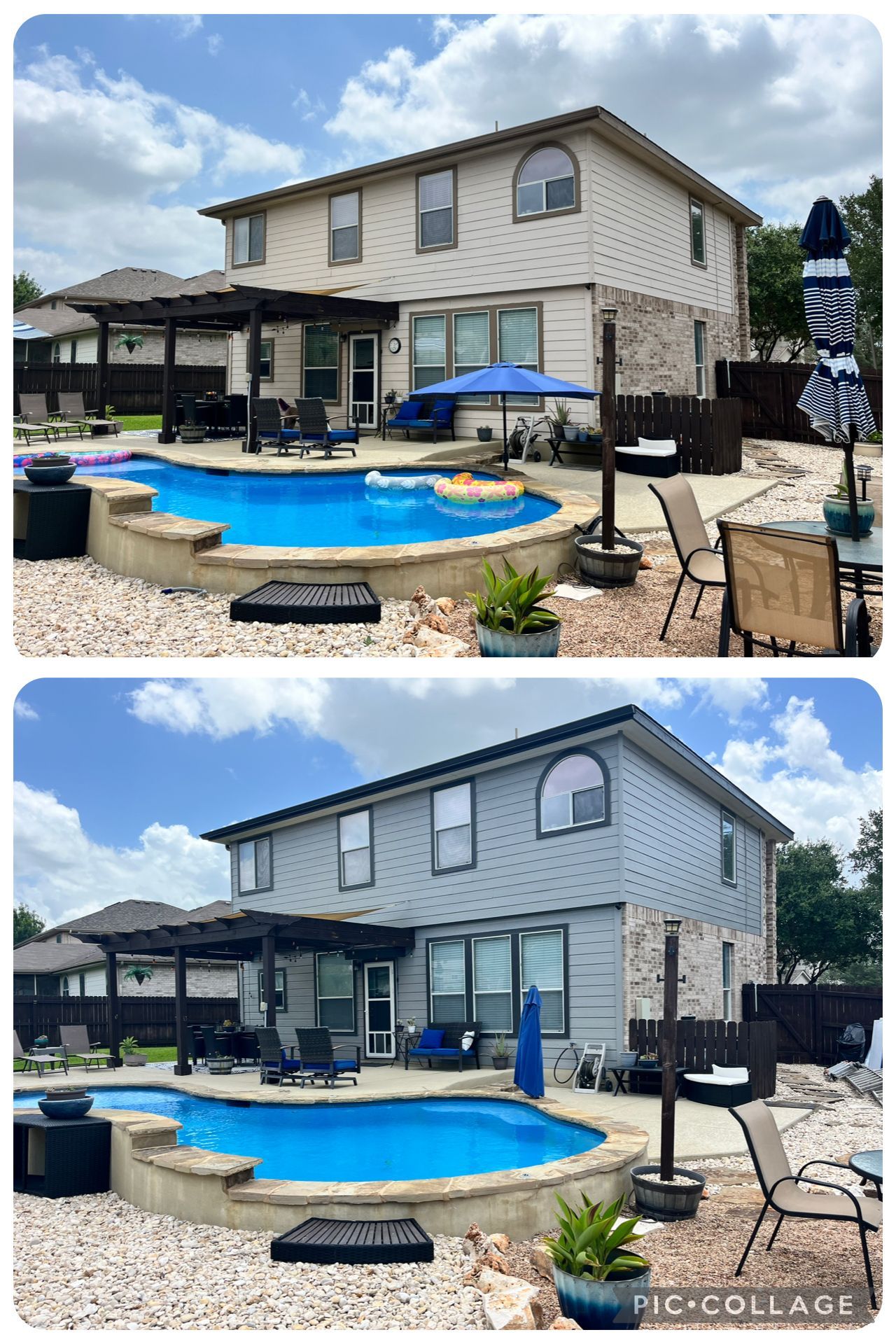Top: Beige house with pool, patio furniture, and pergola.
Bottom: Same house with blue siding.